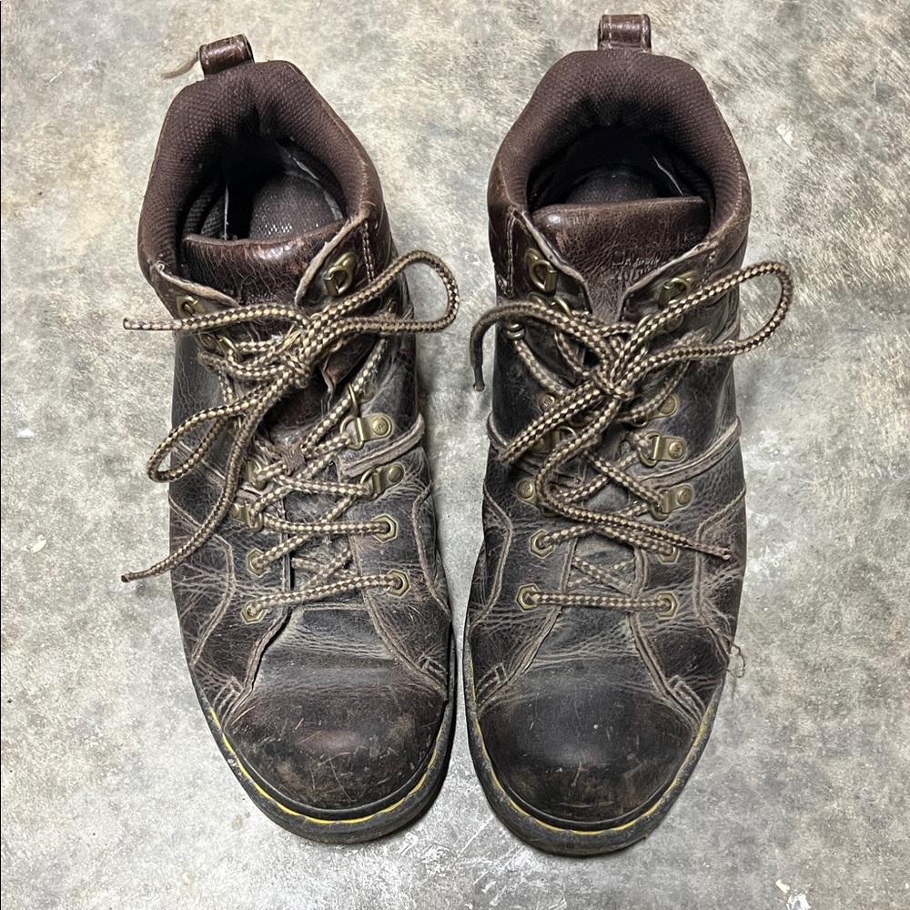 Dr. Martens Brown Leather Lace-Up Work Boots with Yellow Trim